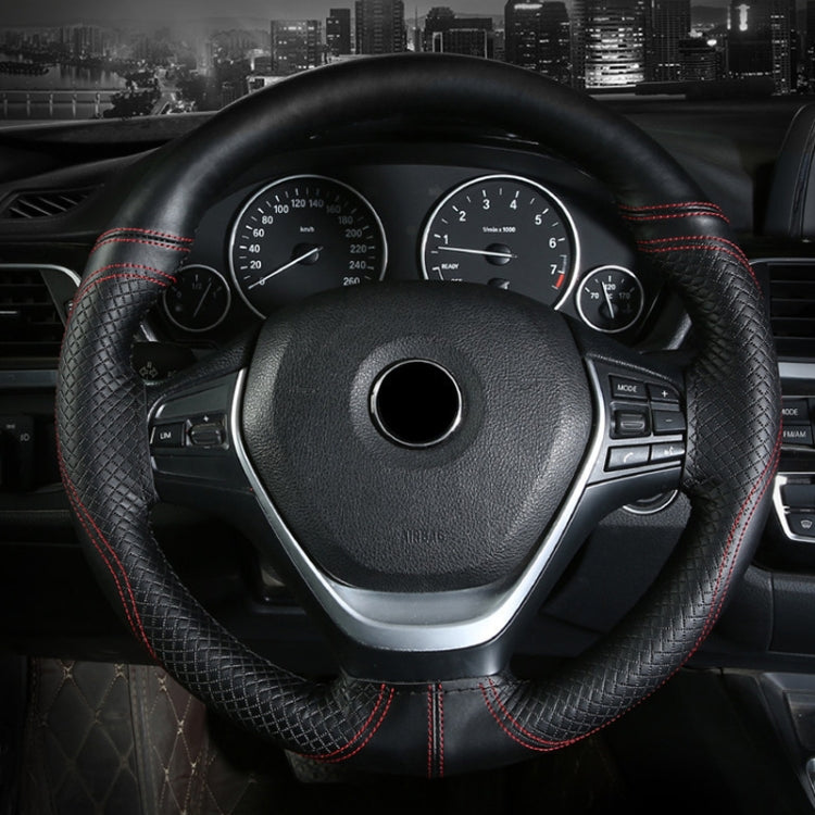 38cm Cowhide Embossed Hand-Stitched Double-Line Steering Wheel Cover(Black Black Line)