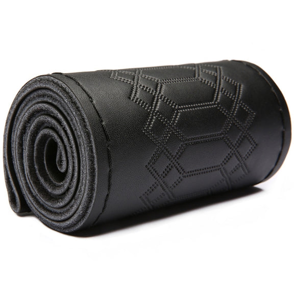 38cm Four-season Embossed Hand-sewn Cowhide Steering Wheel Cover(Black+Black Line)