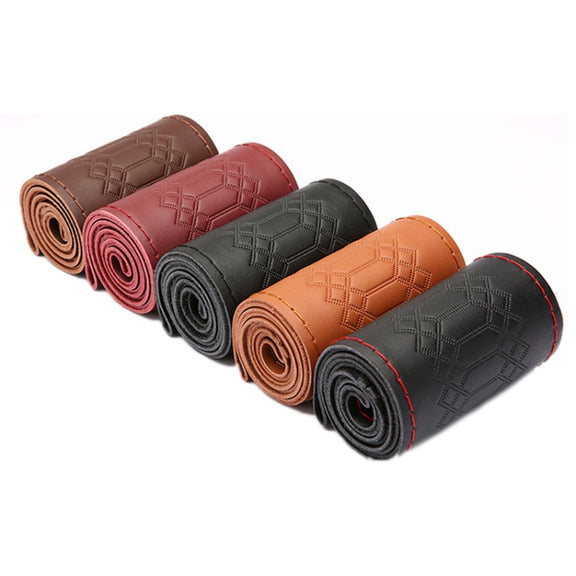 38cm Four-season Embossed Hand-sewn Cowhide Steering Wheel Cover(Wine Red)