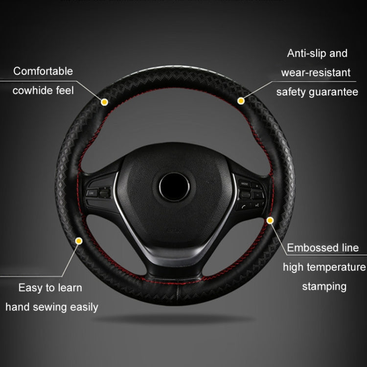 38cm Four-season Embossed Hand-sewn Cowhide Steering Wheel Cover(Wine Red)