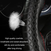 38cm Four-season Embossed Hand-sewn Cowhide Steering Wheel Cover(Wine Red)