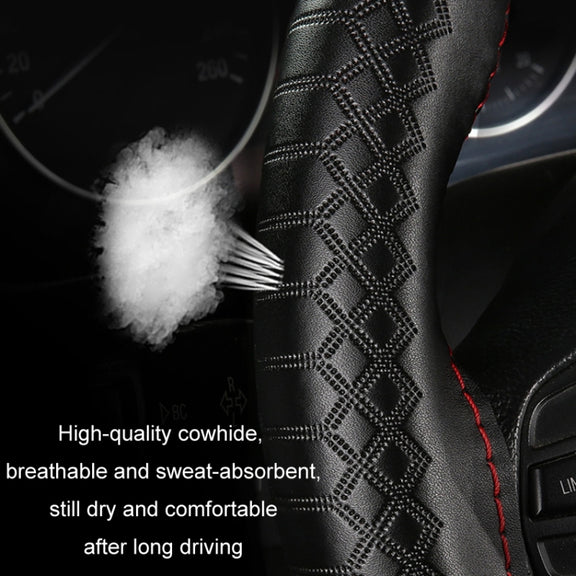 38cm Four-season Embossed Hand-sewn Cowhide Steering Wheel Cover(Wine Red)