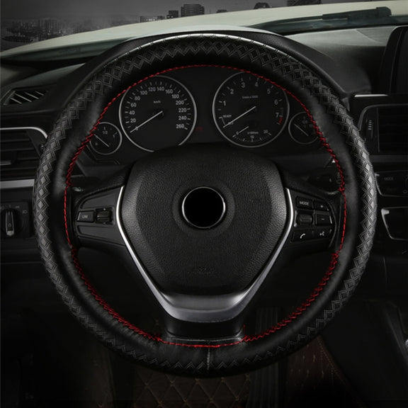 38cm Four-season Embossed Hand-sewn Cowhide Steering Wheel Cover(Brown)