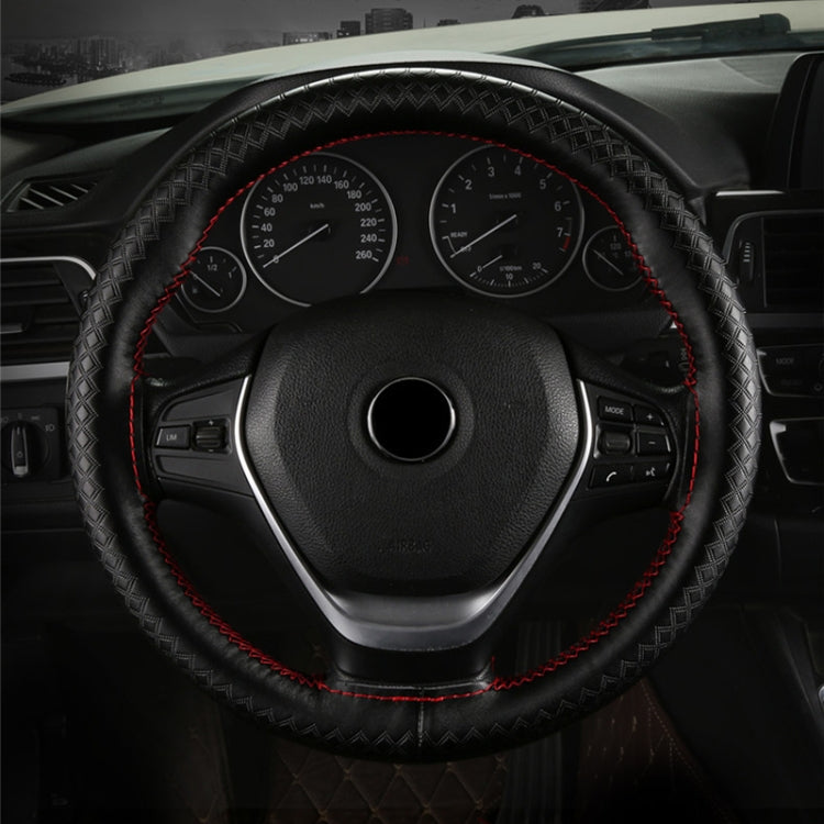 38cm Four-season Embossed Hand-sewn Cowhide Steering Wheel Cover(Black+Black Line)