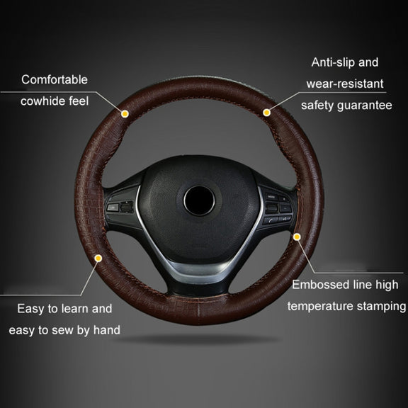 38cm Four-season Embossed Cowhide Hand-sewn Steering Wheel Cover(Brown)
