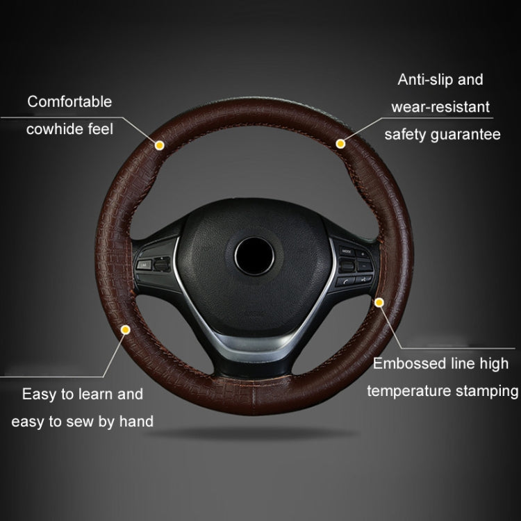 38cm Four-season Embossed Cowhide Hand-sewn Steering Wheel Cover(Black+Black Line)