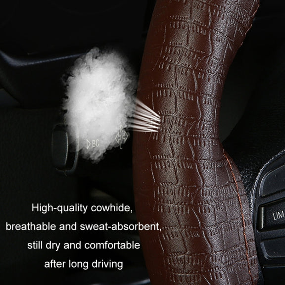 38cm Four-season Embossed Cowhide Hand-sewn Steering Wheel Cover(Black+Black Line)