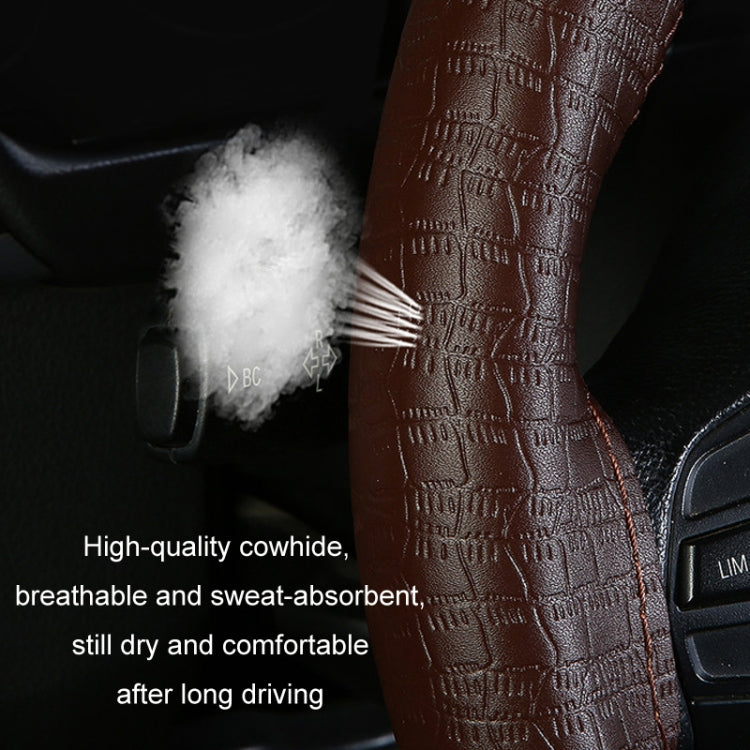 38cm Four-season Embossed Cowhide Hand-sewn Steering Wheel Cover(Black+Red Line)