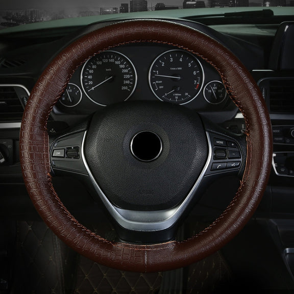 38cm Four-season Embossed Cowhide Hand-sewn Steering Wheel Cover(Black+Red Line)