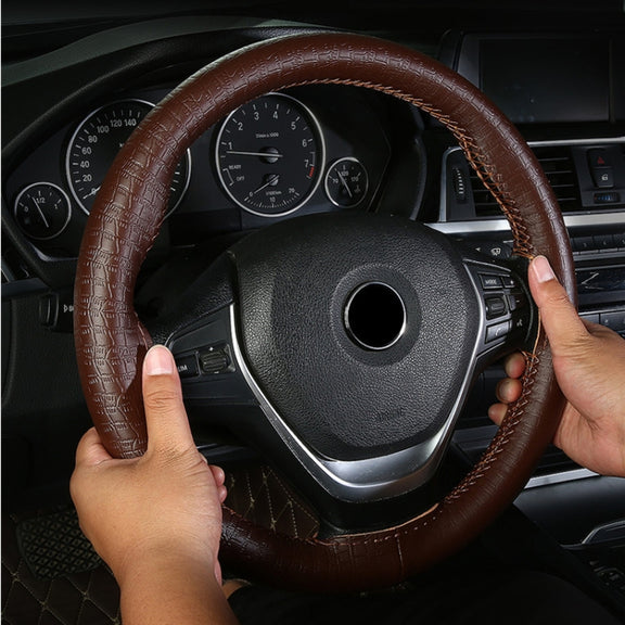 38cm Four-season Embossed Cowhide Hand-sewn Steering Wheel Cover(Black+Red Line)