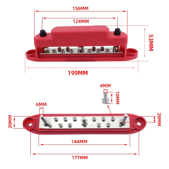 M6 3-post 10-way RV Yacht Short-circuit Proof Base DC Busbar, Color: Red+Black 1pair