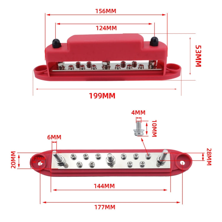 M6 3-post 10-way RV Yacht Short-circuit Proof Base DC Busbar, Color: Red+Black 1pair