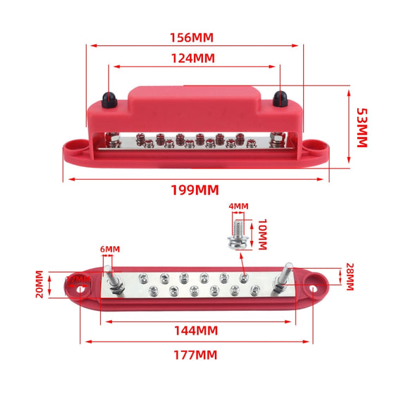 M6 2-post 12-way RV Yacht Terminal Nylon Flame Retardant Busbar, Color: Black