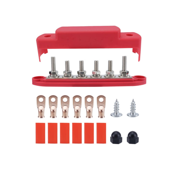 M8 Nylon Base RV Yacht Water-resistant Dustproof Cover 6-post Bus Bar, Color: Red With Terminal Heat Shrink Tube