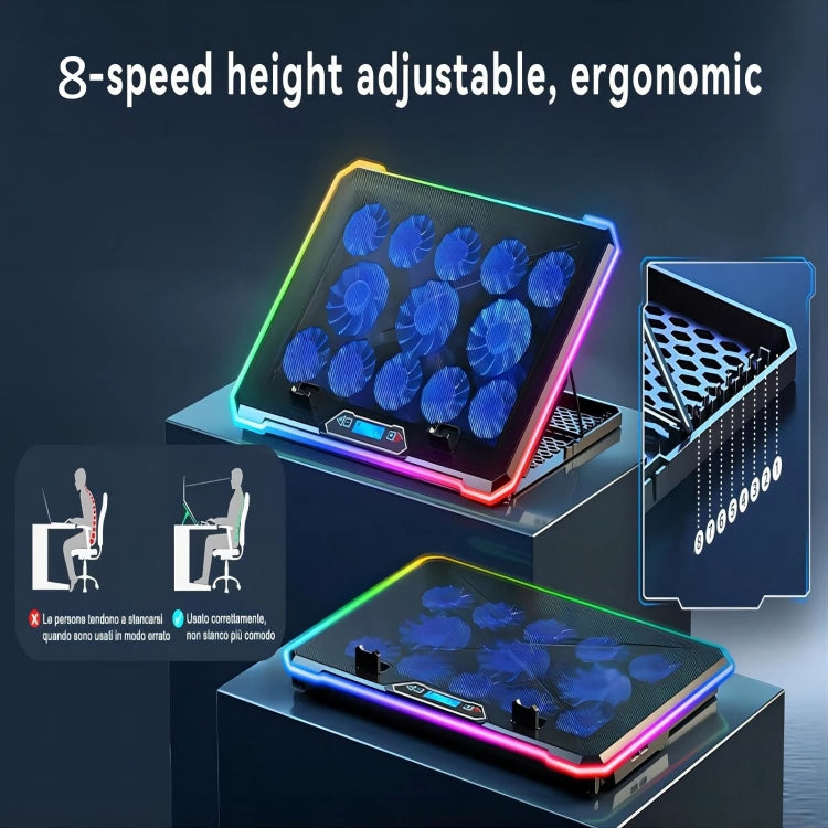 ICE COOREL K15C Smart Adjustable Laptop Radiator Base With RGB Lighting Effect, Color: 14 Fans - free shipping - PMC Jewellery - Order now!