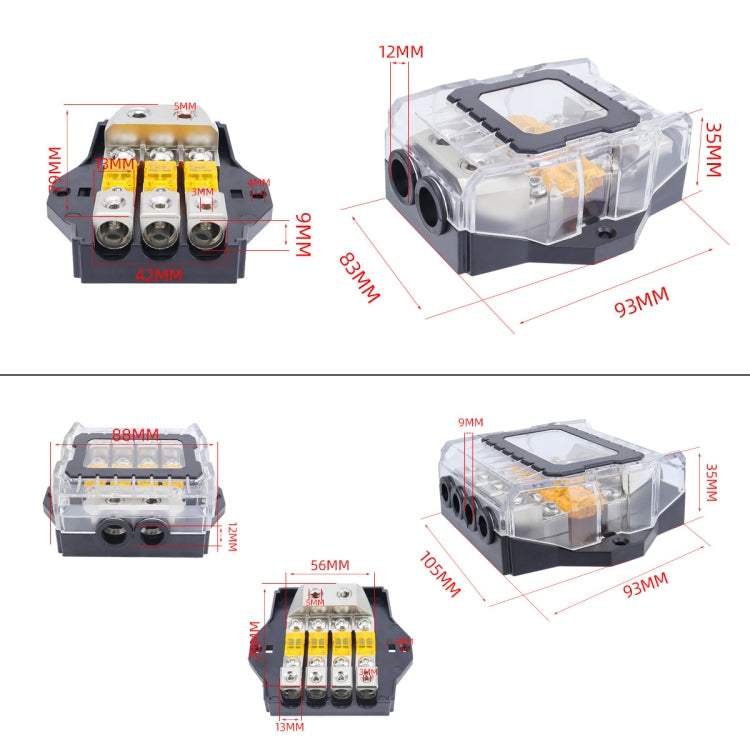 80A Car Audio Amplifier Modified Solid Brass Fuse Holder With Transparent Cover, Specifications: 3-way