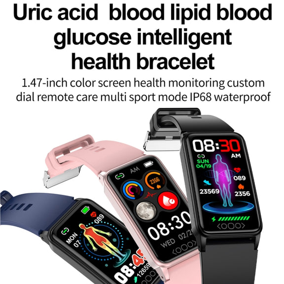 Uric Acid Blood Lipid Noninvasive Blood Sugar Heart Rate Oxygen Temperature Monitoring Smart Healthy Sports Bracelet(Black)