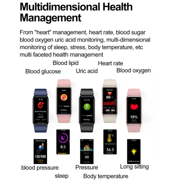 Uric Acid Blood Lipid Noninvasive Blood Sugar Heart Rate Oxygen Temperature Monitoring Smart Healthy Sports Bracelet(Black)