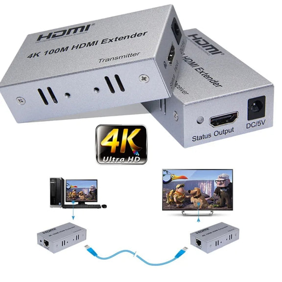 HDMI To RJ45 Single Ethernet Cable 100m Extender 4K HD Cable Signal Amplifier EU Plug(Black)