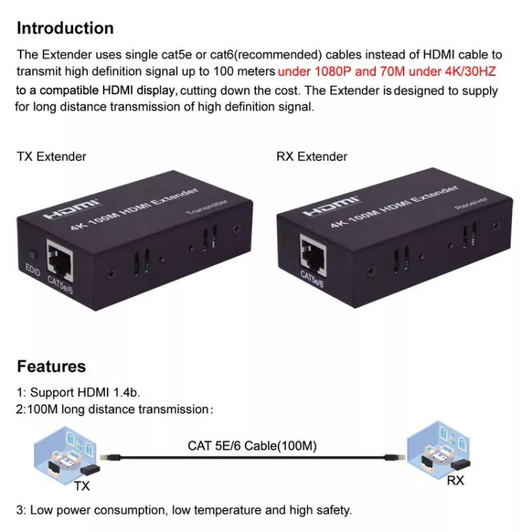 HDMI To RJ45 Single Ethernet Cable 100m Extender 4K HD Cable Signal Amplifier US Plug(Black)