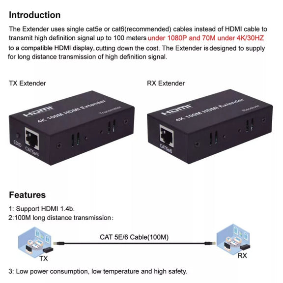 HDMI To RJ45 Single Ethernet Cable 100m Extender 4K HD Cable Signal Amplifier EU Plug(Black)