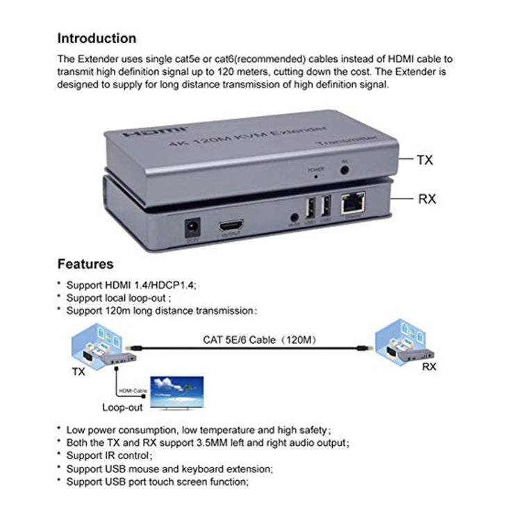 KVM 120m 4K HD Extender Computer Mouse Keyboard HDMI Single Ethernet Cable Transmitter + Receiver US Plug(Gray) - Amplifier by PMC Jewellery | Online Shopping South Africa | PMC Jewellery | Buy Now Pay Later Mobicred
