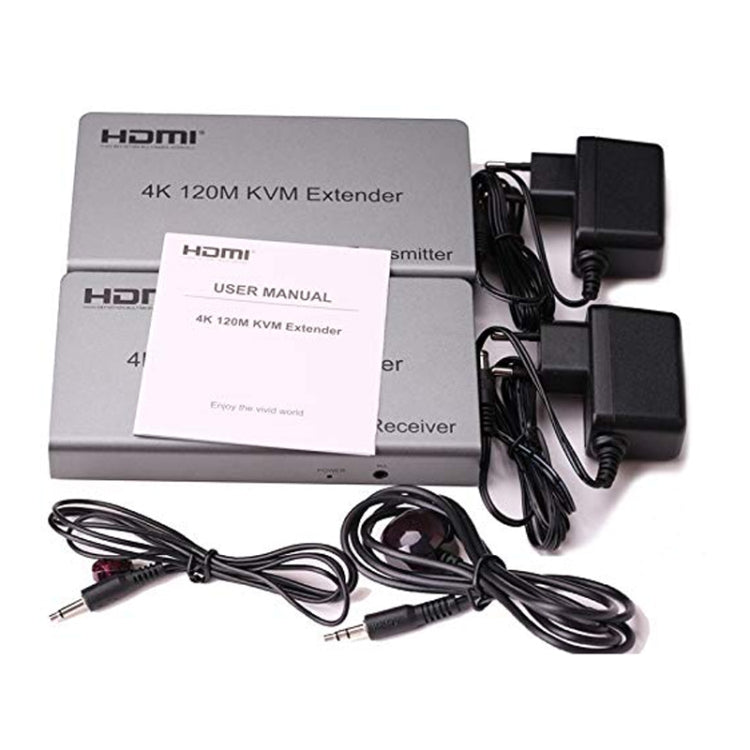 KVM 120m 4K HD Extender Computer Mouse Keyboard HDMI Single Ethernet Cable Transmitter + Receiver UK Plug(Gray)