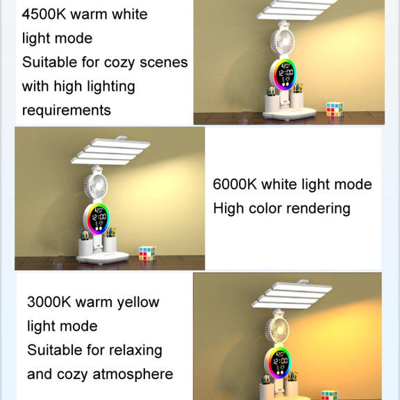 4 Heads Horizontal LED Eye-Care Table Lamp Children Study Desktop Reading Light With Pen Holder, Style: Clock Plug Power