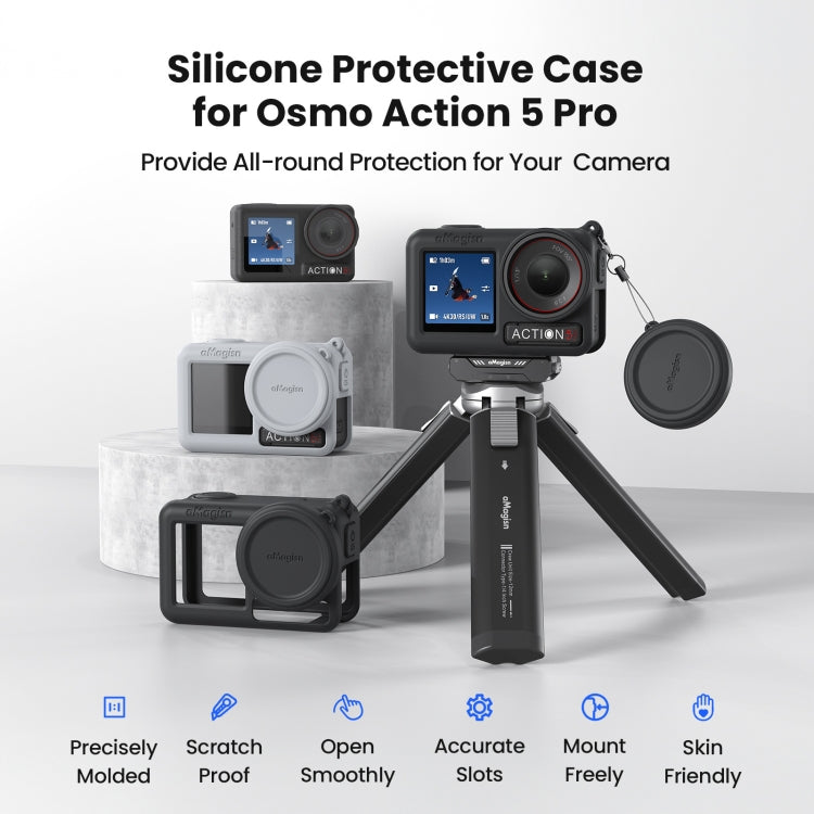 For DJI Osmo Action 5 Pro aMagisn Silicone Protective Case with Lanyard and Lens Cap(Light Gray)