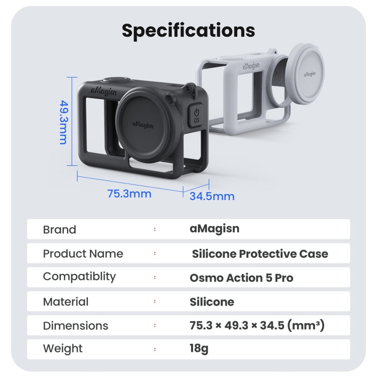 For DJI Osmo Action 5 Pro aMagisn Silicone Protective Case with Lanyard and Lens Cap(Light Gray)