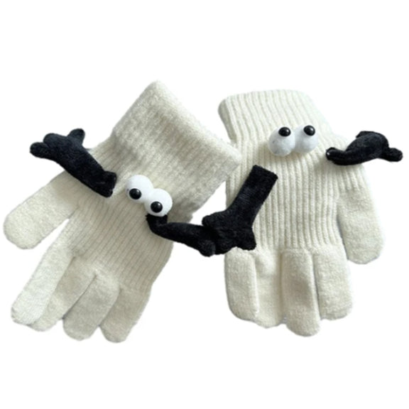 Fall Winter Couple Students Magnetic Warm Gloves Cute Dolls Outdoor Hand In Hand Mittens, Size: Average(White)