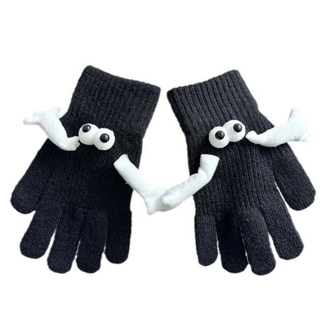 Fall Winter Couple Students Magnetic Warm Gloves Cute Dolls Outdoor Hand In Hand Mittens, Size: Average(Black)