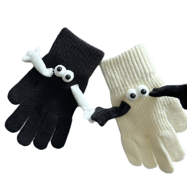 Fall Winter Couple Students Magnetic Warm Gloves Cute Dolls Outdoor Hand In Hand Mittens, Size: Average(White+Black)