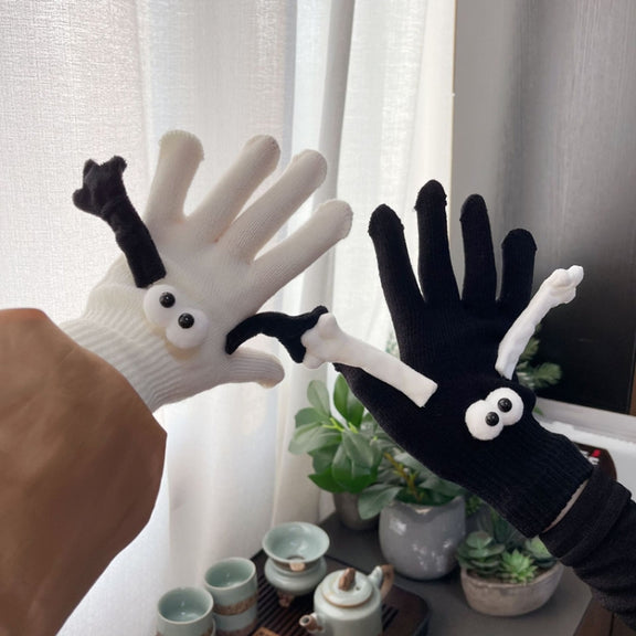 Fall Winter Couple Students Magnetic Warm Gloves Cute Dolls Outdoor Hand In Hand Mittens, Size: Average(Black)