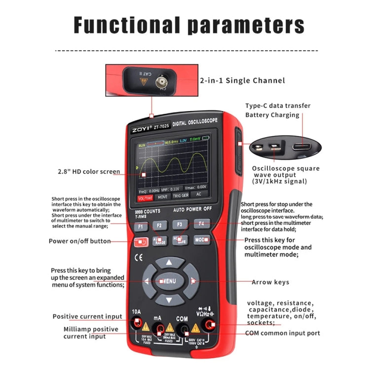 ZOYI Color Screen Multifunctional Handheld Digital Oscilloscope Multimeter(English)