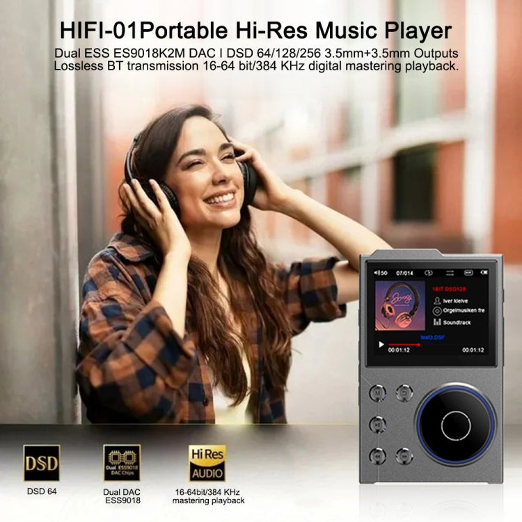 2.4 Inch HIFI Bluetooth Music Player DSD256 Mastering Sound Quality Walkman, Memory: 16GB+32GB(Black)