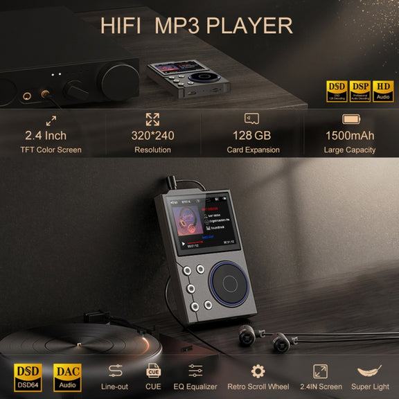 2.4 Inch HIFI Bluetooth Music Player DSD256 Mastering Sound Quality Walkman, Memory: 16GB+8GB(Black)