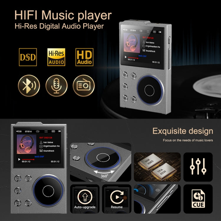 2.4 Inch HIFI Bluetooth Music Player DSD256 Mastering Sound Quality Walkman, Memory: 16GB+8GB(Black)