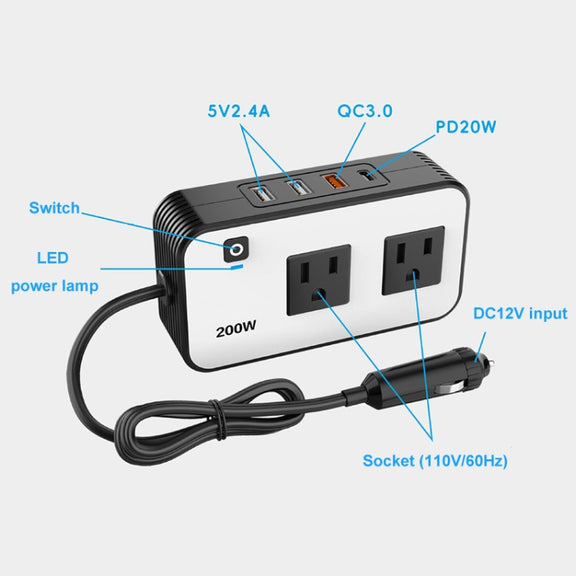 200W Car Inverter Vehicle Plug Power Converter US Plug
