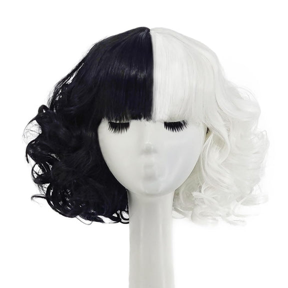 Cosplay Cool Wigs Natural Breathable Head Cover Ladies Short Curl Wig Hat(Black White)