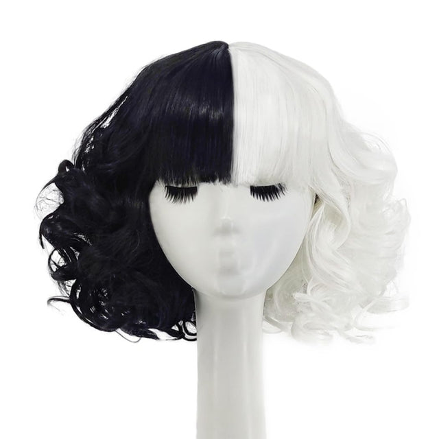 Cosplay Cool Wigs Natural Breathable Head Cover Ladies Short Curl Wig Hat(Black White)