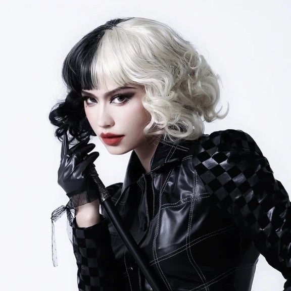 Cosplay Cool Wigs Natural Breathable Head Cover Ladies Short Curl Wig Hat(Black White)