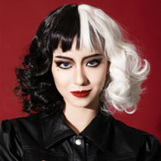 Cosplay Cool Wigs Natural Breathable Head Cover Ladies Short Curl Wig Hat(Black White)