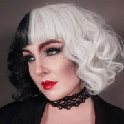 Cosplay Cool Wigs Natural Breathable Head Cover Ladies Short Curl Wig Hat(Black White)