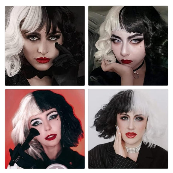Cosplay Cool Wigs Natural Breathable Head Cover Ladies Short Curl Wig Hat(Black White)