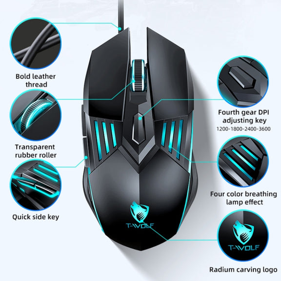 T-WOLF G560 6-keys Cool Breathing Light Gaming Wired Mouse Mechanical Office Silent Mouse(Blue)