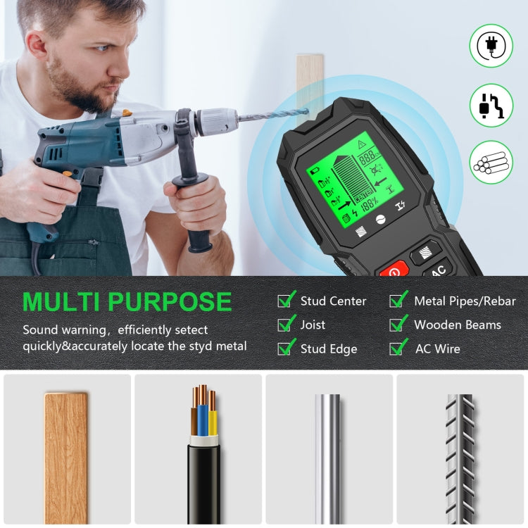 HW-QB6 5 In 1 Wall Scanner Handheld Stud Finder Wood Current Metal Live Wires Detection(Black)