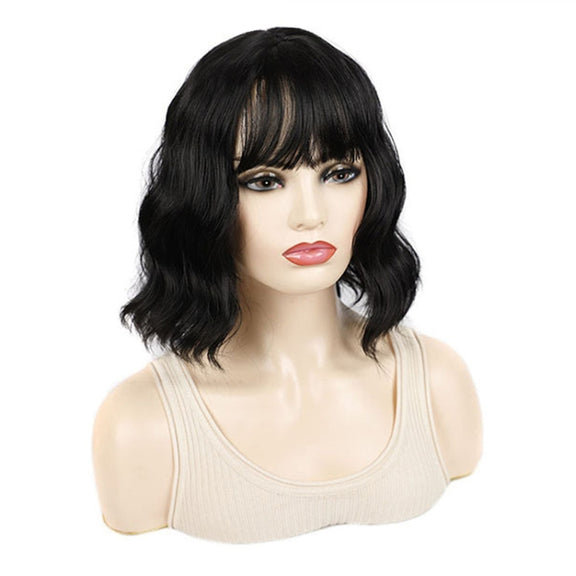 Water Wave Ripple Short Curly Hair With Bangs Fluffy Wig Headcovers, Color: Natural Black