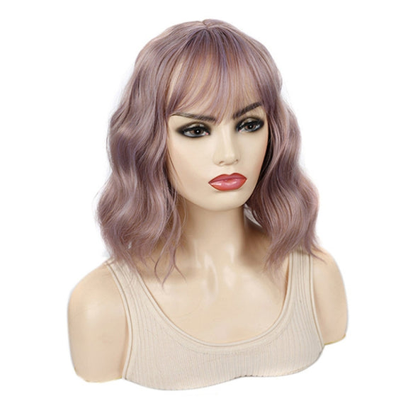 Water Wave Ripple Short Curly Hair With Bangs Fluffy Wig Headcovers, Color: Purple Candy