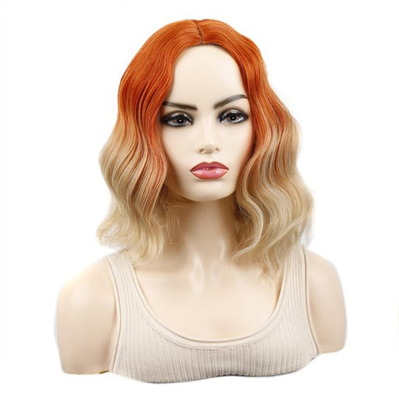 Water Wave Ripple Short Curly Hair With Bangs Fluffy Wig Headcovers, Color: Orange Red Brown